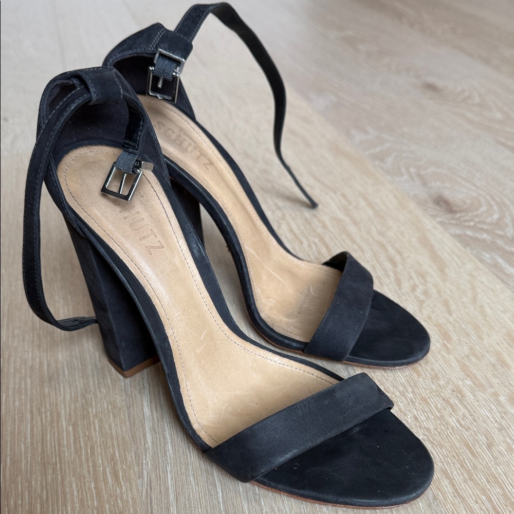 SCHUTZ Black Suede Block Heel Sandals with Ankle Strap